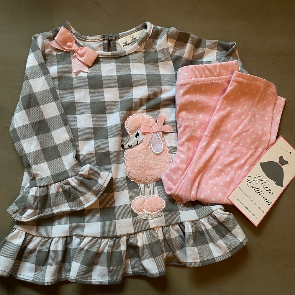 Pink and grey Rare Editions poodle top and polka pants, Size 18 month.